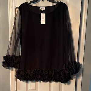 Wo Wo Chic Black Top with Sheer Mesh Long Sleeves, Ruffles at Cuff & Bottom NWT